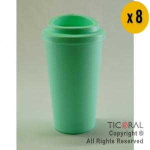 VASO TERMICO DE PLASTICO CAFE TIPO STARBUCKS VERDE PASTEL 300 CC X 8